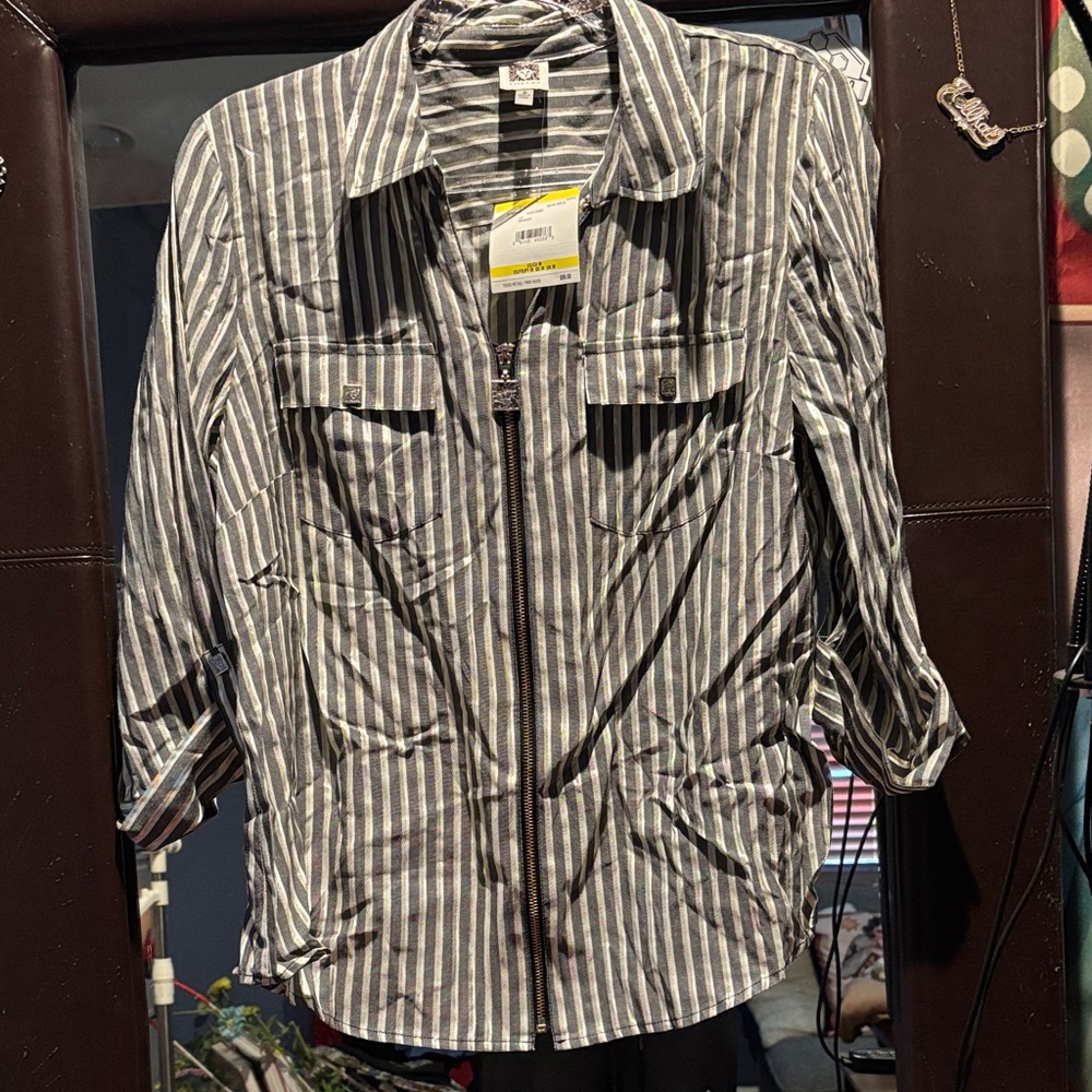 Anne Klein Gray and White Striped Shirt Jacket